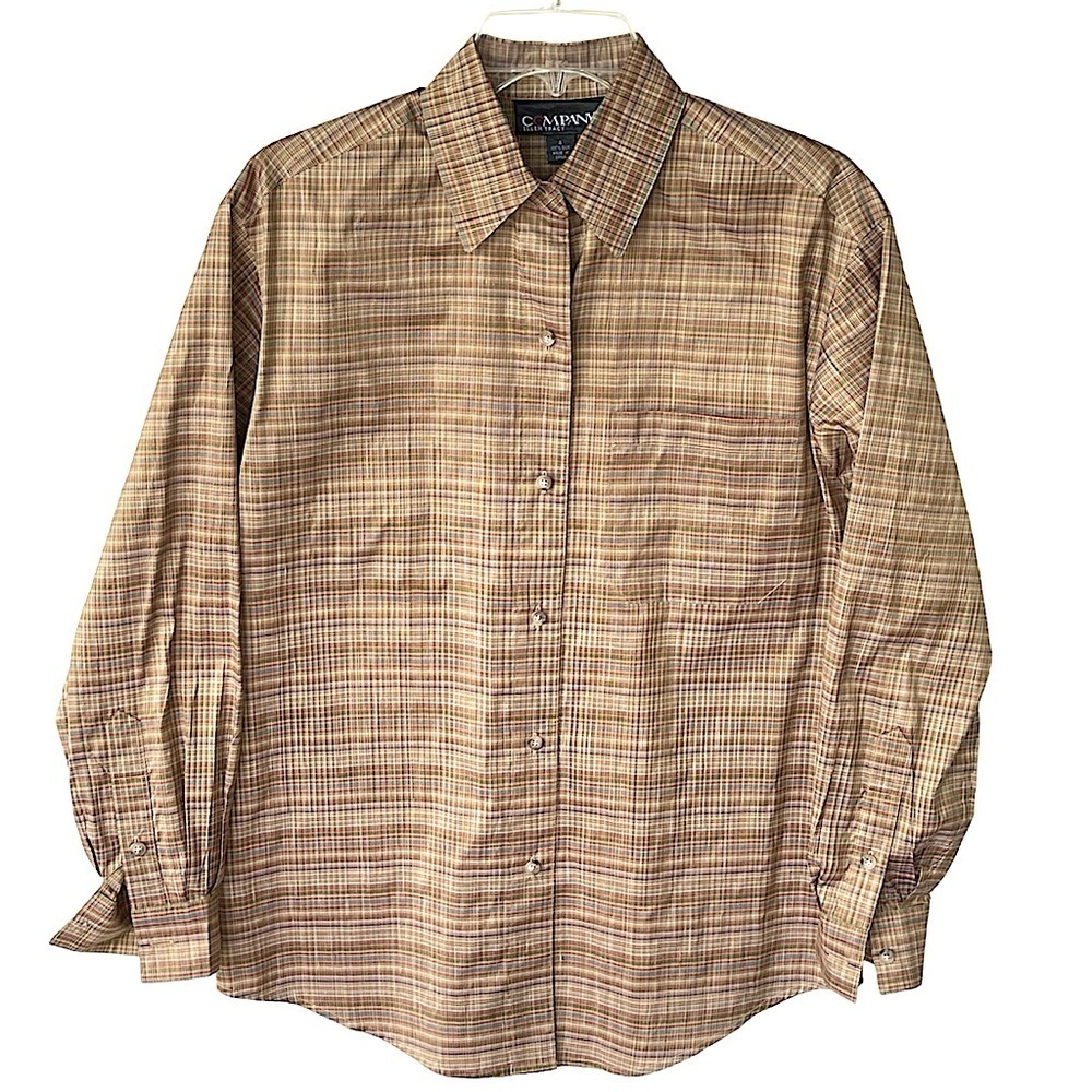 Ellen Tracy Vintage Bronze Checked Silk Taffeta Button Down Shirt Blouse Sz 4